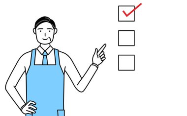 Önlüklü kıdemli bir adam listeyi işaret ediyor..