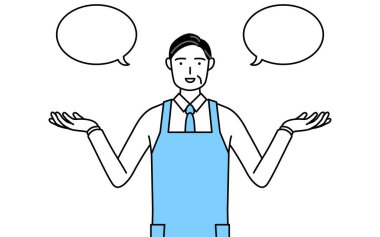 Önlüklü, silip süpüren ve karşılaştıran kıdemli bir adam..