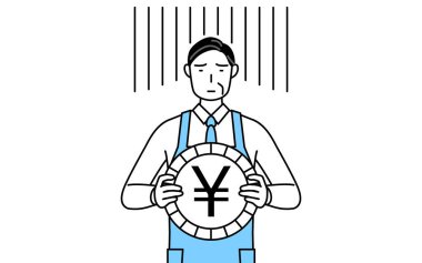 Önlüklü kıdemli bir adam. Döviz kurunun ya da değer kaybının bir görüntüsü.