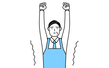 Önlüklü, esneyen ve dik duran kıdemli bir adam..