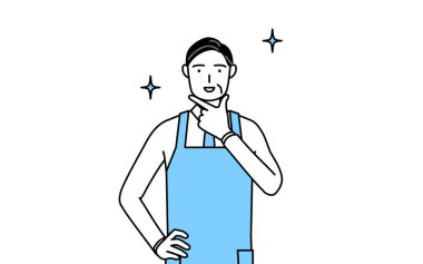 Önlük giymiş kendinden emin bir kıdemli adam..