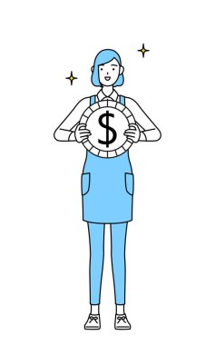 Önlüklü bir kadın, dış ticaret imajları ve dolar takdiriyle..