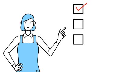 Önlüklü bir kadın kontrol listesine işaret ediyor..