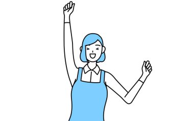 Önlüklü bir kadın gülümsüyor ve zıplıyor..