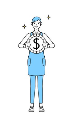 Önlük giymiş kıdemli bir kadın, dış ticaret ve dolar takdiriyle ilgili imajları var..