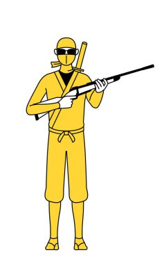 Güneş gözlüklü ve elinde tüfekle ninja gibi giyinmiş bir adam..