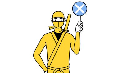 Ninja gibi giyinmiş bir adam elinde bir çubuk ama yanlış cevaplar veriyor..