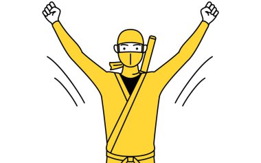 Ninja gibi giyinmiş bir adam radyo jimnastiği yapıyor, kaza önleme hazırlığı yapıyor.