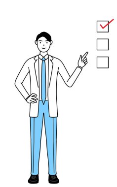 A man doctor in white coats pointing to a checklist.
