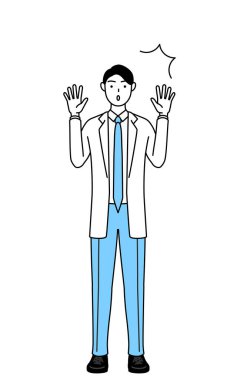 A man doctor in white coats raising his hand in surprise.