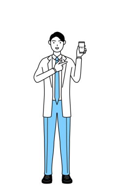 A man doctor in white coats recommending cashless online payments on a smartphone.