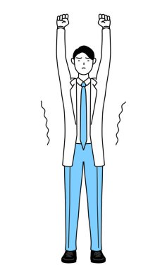 A man doctor in white coats stretching and standing tall.