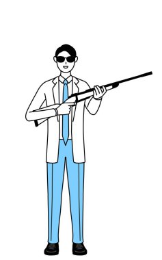 A man doctor in white coats with sunglasses and holding a rifle.