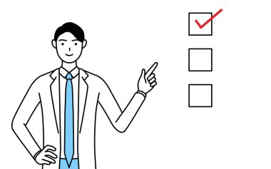 A man doctor in white coats pointing to a checklist.