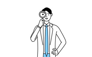 A man doctor in white coats looking through magnifying glasses