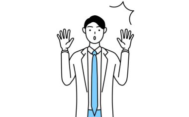 A man doctor in white coats raising his hand in surprise.