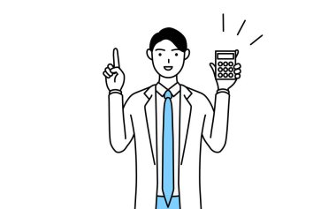 A man doctor in white coats holding a calculator and pointing.