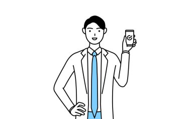 A man doctor in white coats using a smartphone at work.