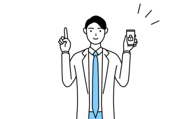 A man doctor in white coats taking security measures for his phone.