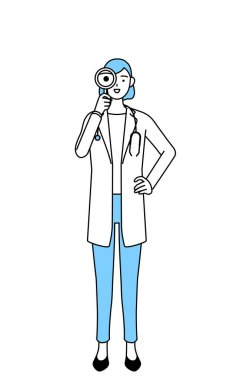 A woman doctor in white coat looking through magnifying glasses