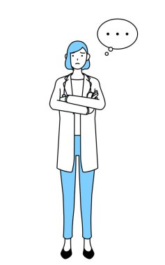 A woman doctor in white coat, arms crossed, thinking.