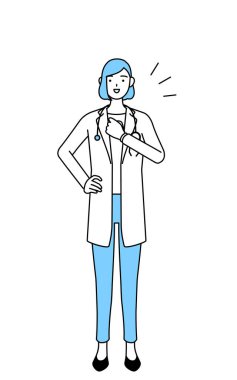 A woman doctor in white coat tapping her chest.