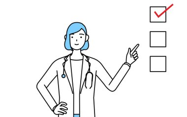 A woman doctor in white coat pointing to a checklist.