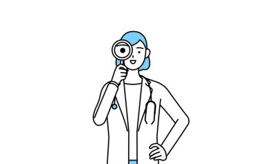 A woman doctor in white coat looking through magnifying glasses