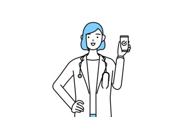 A woman doctor in white coat using a smartphone at work.