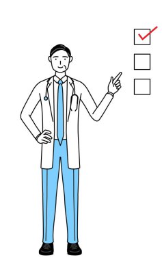 Male doctor in white coats with stethoscopes, senior, middle-aged veterans pointing to a checklist.