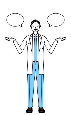 Male doctor in white coats with stethoscopes, senior, middle-aged veterans with wipeout and comparison.