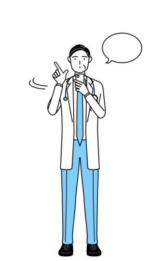 Male doctor in white coats with stethoscopes, senior, middle-aged veterans operating a smartphone.