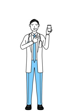 Male doctor in white coats with stethoscopes, senior, middle-aged veterans recommending cashless online payments on a smartphone.