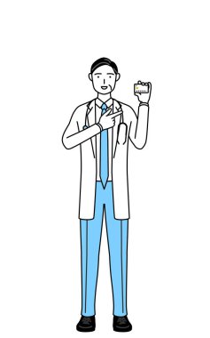 Male doctor in white coats with stethoscopes, senior, middle-aged veterans recommending credit card payment.