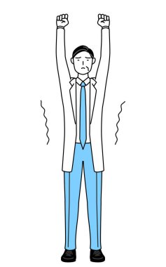 Male doctor in white coats with stethoscopes, senior, middle-aged veterans stretching and standing tall.