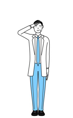 Male doctor in white coats with stethoscopes, senior, middle-aged veterans making a salute.