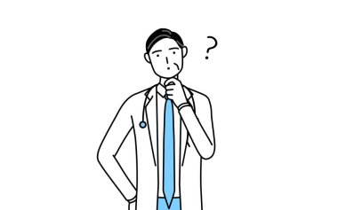 Male doctor in white coats with stethoscopes, senior, middle-aged veterans with questions.