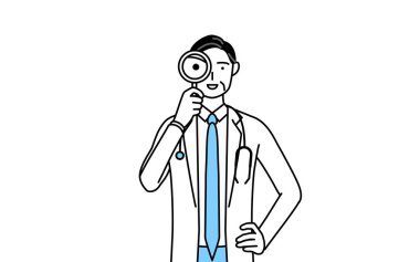 Male doctor in white coats with stethoscopes, senior, middle-aged veterans looking through magnifying glasses