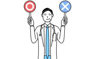 Male doctor in white coats with stethoscopes, senior, middle-aged veterans holding a stick indicating correct and incorrect answers.