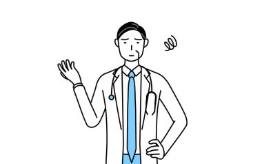 Male doctor in white coats with stethoscopes, senior, middle-aged veterans who is fed up with her unorganized business.