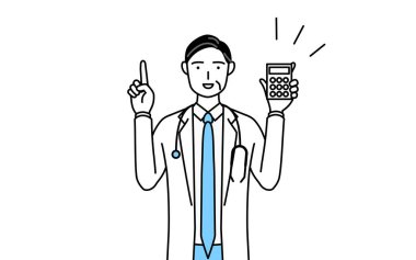 Male doctor in white coats with stethoscopes, senior, middle-aged veterans holding a calculator and pointing.