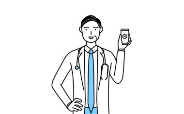 Male doctor in white coats with stethoscopes, senior, middle-aged veterans using a smartphone at work.