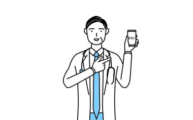 Male doctor in white coats with stethoscopes, senior, middle-aged veterans recommending cashless online payments on a smartphone.