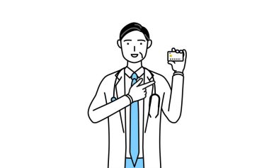 Male doctor in white coats with stethoscopes, senior, middle-aged veterans recommending credit card payment.