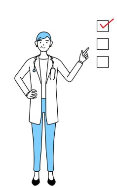 Female doctor in white coats with stethoscopes, senior, middle-aged veterans pointing to a checklist.
