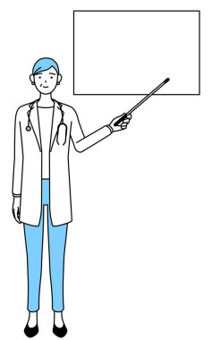 Female doctor in white coats with stethoscopes, senior, middle-aged veterans pointing at a whiteboard with an indicator stick.