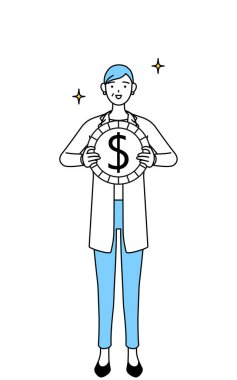 Female doctor in white coats with stethoscopes, senior, middle-aged veterans, with images of foreign exchange gains and dollar appreciation.