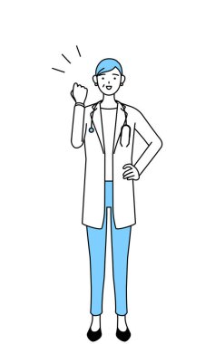 Female doctor in white coats with stethoscopes, senior, middle-aged veterans posing with guts.