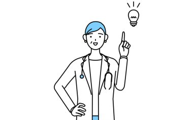 Female doctor in white coats with stethoscopes, senior, middle-aged veterans coming up with an idea.