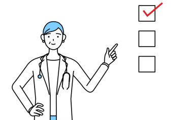 Female doctor in white coats with stethoscopes, senior, middle-aged veterans pointing to a checklist.